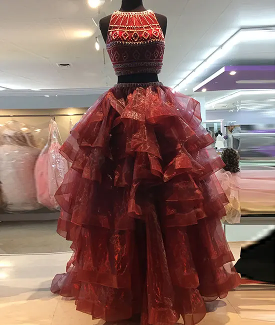 HQ High Fashion 2 Piece Prom Dresses Beading Burgundy Organza Ruffles Long Evening Dress Formal Party | Свадьбы и торжества
