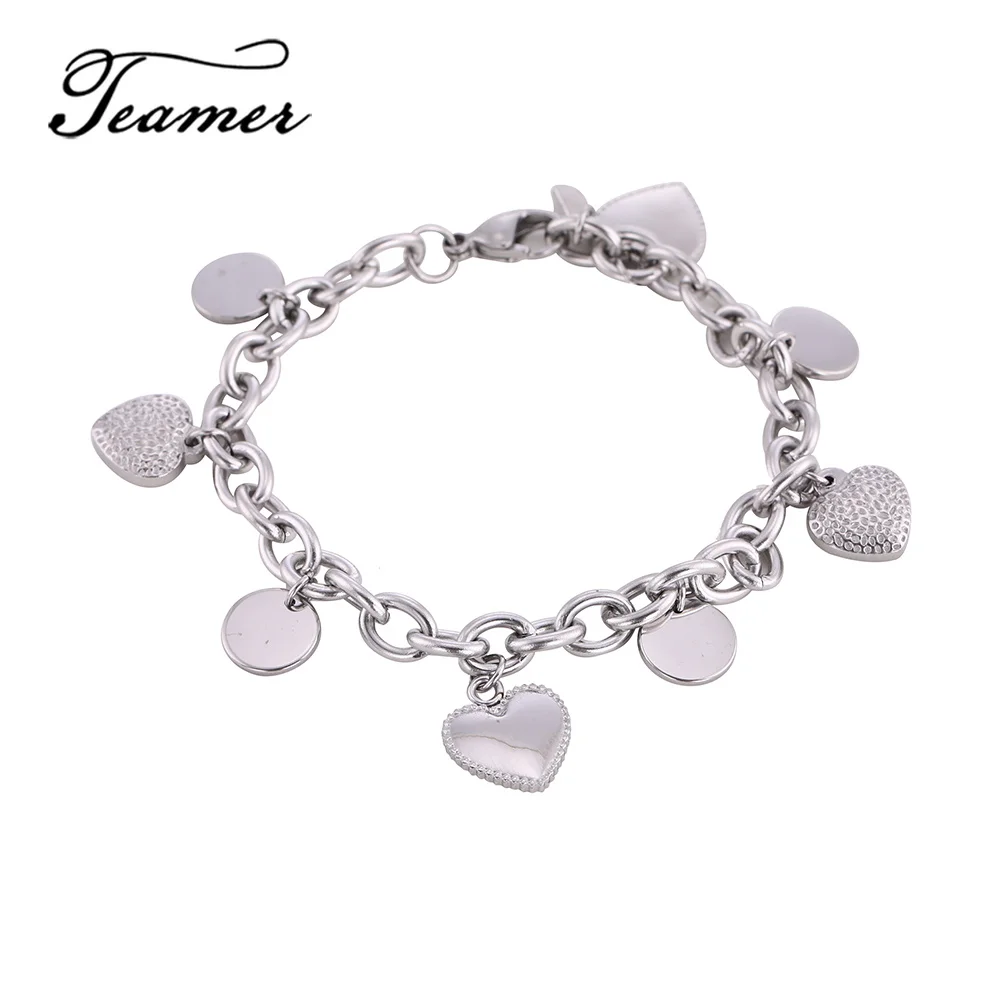 

Teamer Multi Round Heart Charms Pendant Bracelet Femme Fashion Bijoux Stainless Steel Link Chain Bracelet Bijoux Friendship Gift