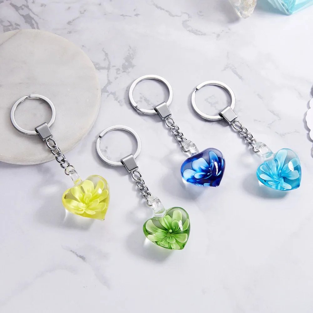 

Rinhoo 1pc Colorful Heart/Flower/Leaf Colored Glass Inner Sand Flower Key Chain Exquisite Accessories Gift For Women