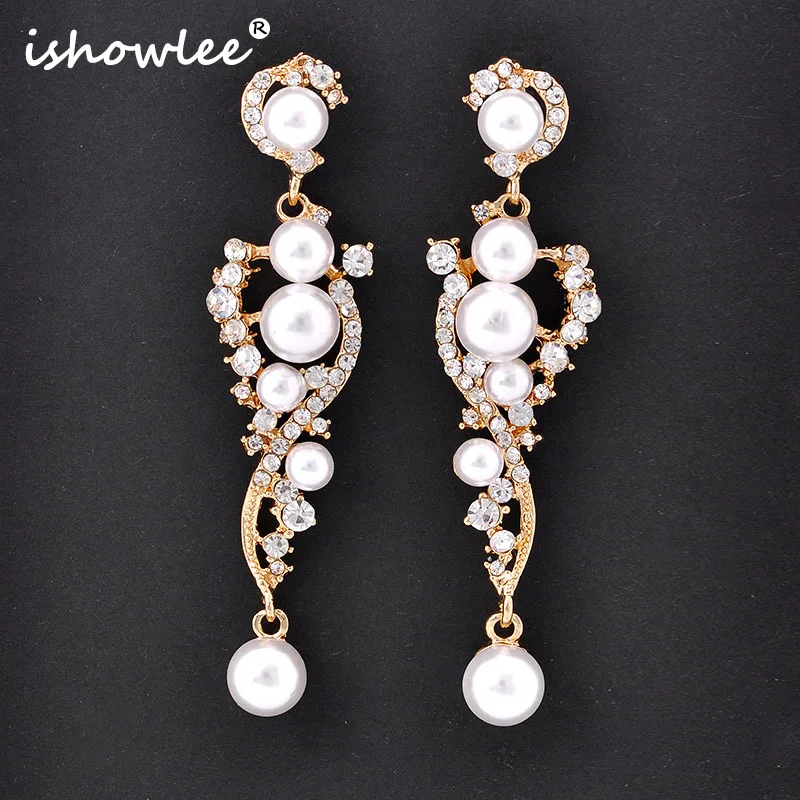 

ISHOWLEE Large Crystal Pearl Earrings for Women Accessories Rhinestones Long Pave Setting Drop Earrings Wedding Jewelry esh23