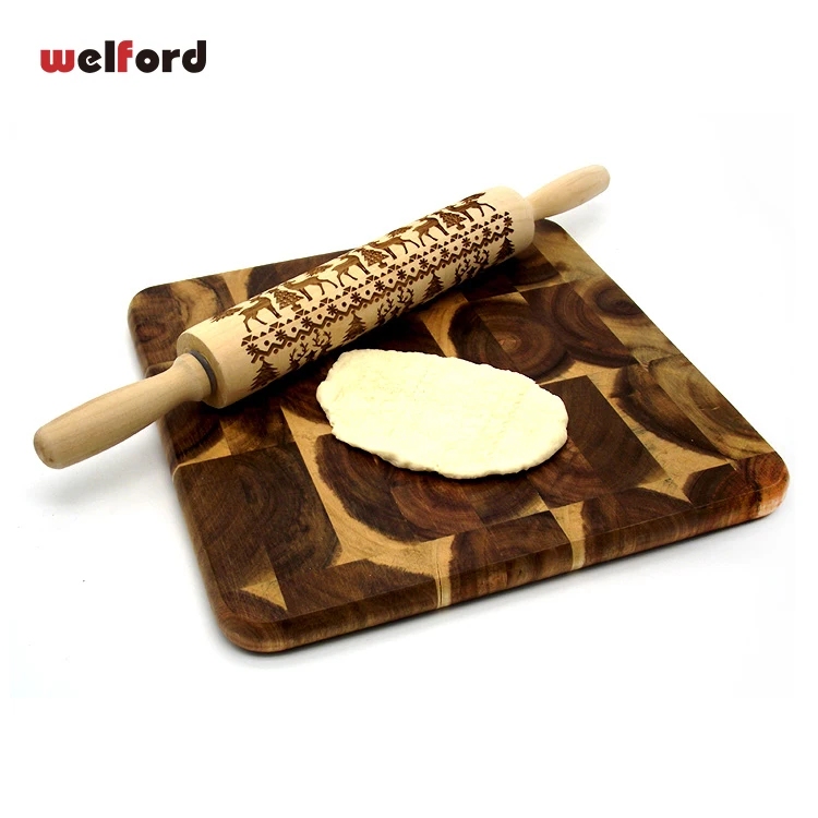 

2 Size Christmas Embossing Rolling Pin Eco-Friendly Carved wood Baking Cookies Biscuit Fondant Cake Dough Engraved Roller