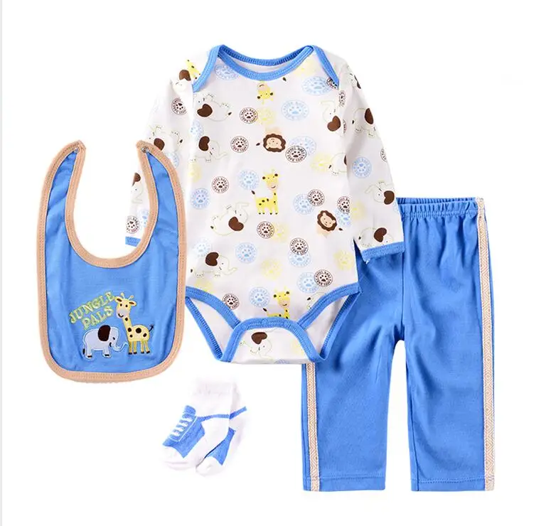 Комплекты одежды для малышей с изображением животных, хлопковая одежда для маленьких мальчиков, костюм из 4 предметов для новорожденных девочек, Детский комбинезон с длинными рукавами+ штаны+ носки+ нагрудник