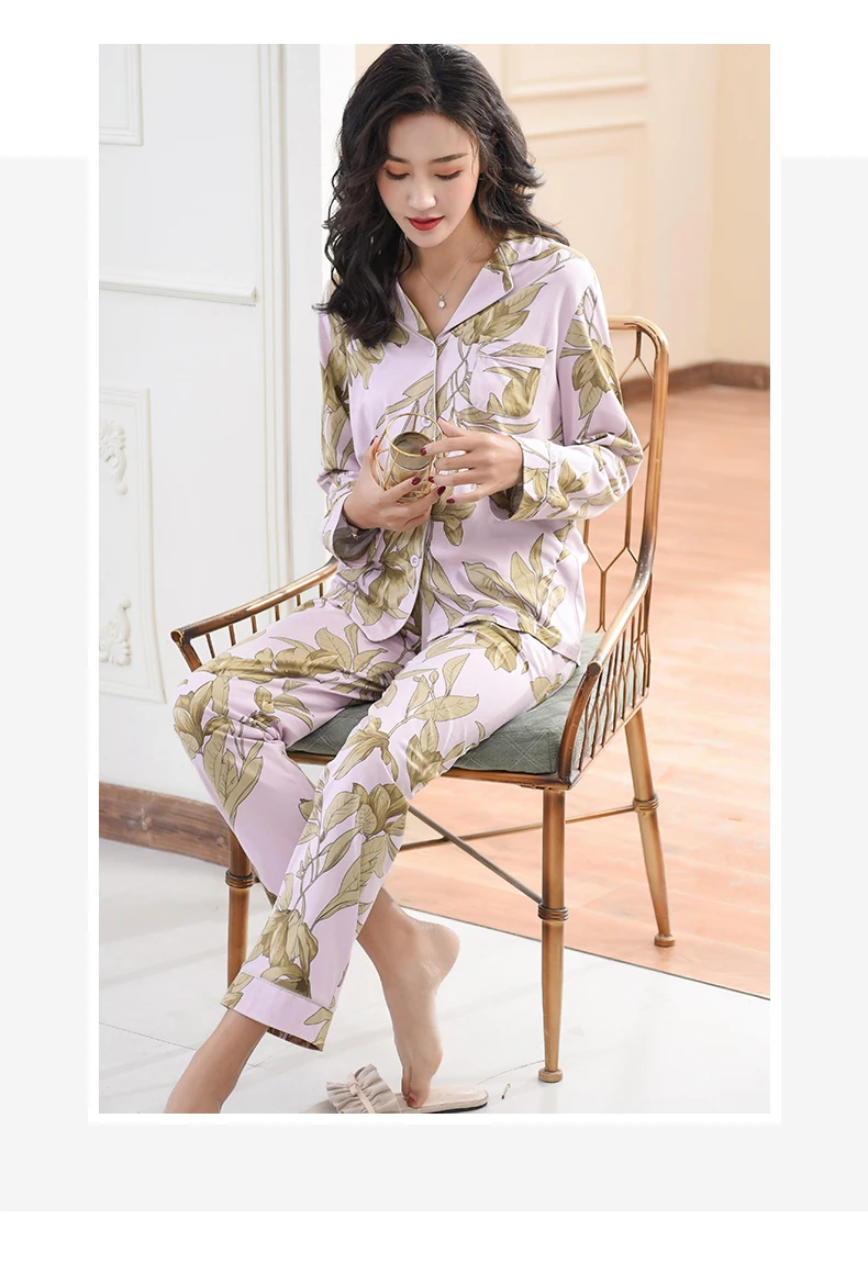 Pijama Mujer, новые модные женские пижамы, большие размеры, Ночная одежда, кардиган с отворотом и пуговицами, хлопковая одежда для сна для женщин, домашняя одежда
