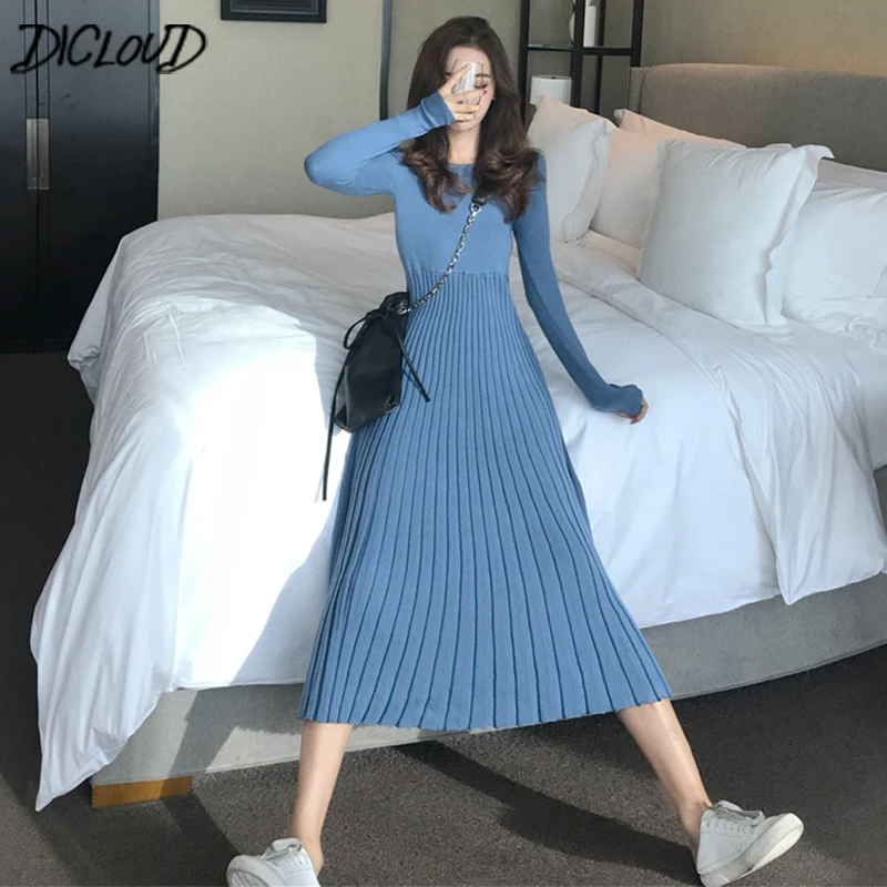 

DICLOUD Korean Long Knitted Dresses Women Vintage Long Sleeve Pleated Dress Ladies Elegant Winter Dress Black Harajuku New 2018