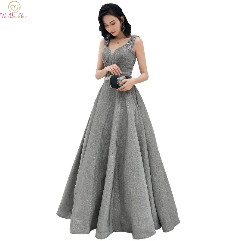 

Gray Elegant Evening Dresses 2019 Lace Up Floor Length A Line Sequined robe de soiree Simple Sleeveless Formal Party Long Gowns