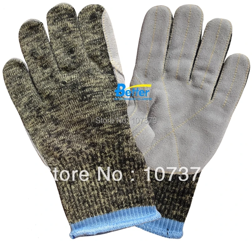 Glass Handing Safety Gloves Aramid Fiber Leather Sewed Anti Cut