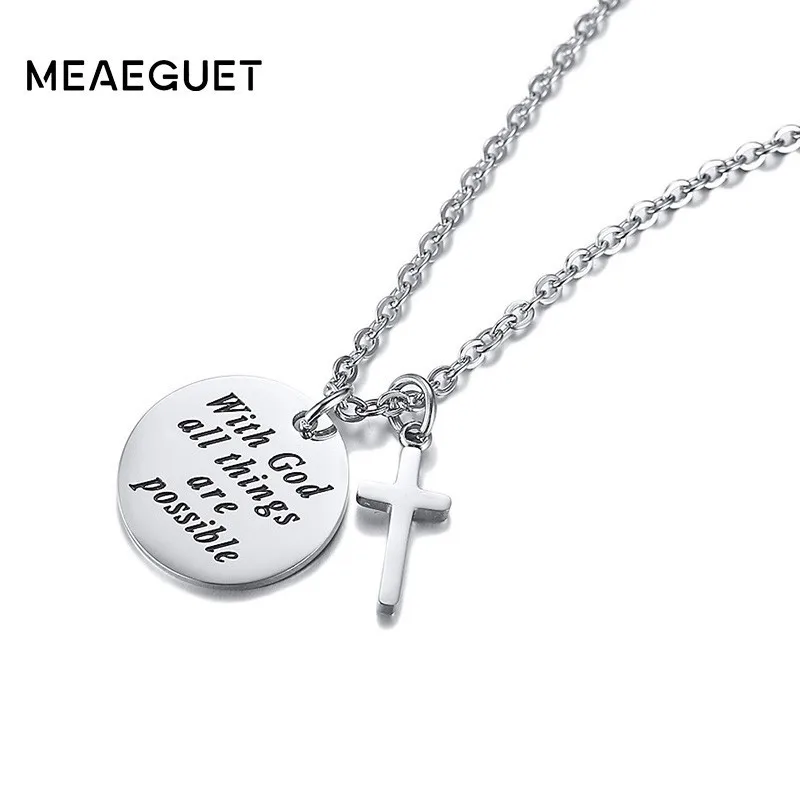 

Inspirational Cross Necklace Stainless Steel Silver Color Small Coin Circle Engraved God All Things Are Possible Women Pendant