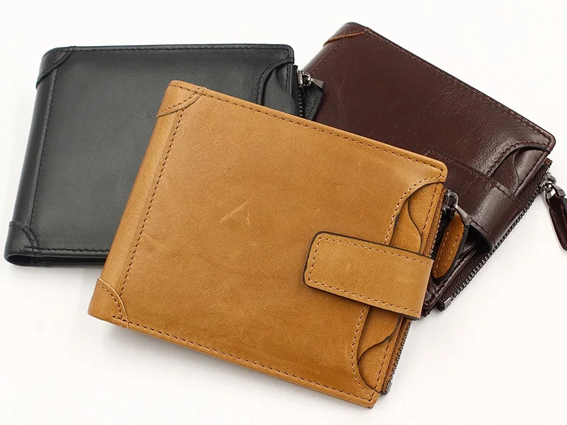 MJ Men's Genuine Leather Wallets Quality Male Short Wallet Real Leather Bi-Fold Wallet Card Holder Coin Purse Coffee Black Khaki (14)1