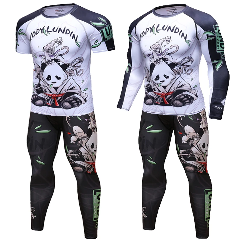 

Men Compression Running jogging Suits Clothes Sport Set panda T-shirt And Pants Gym Fitness workout Tights clothes 2pcs /sets