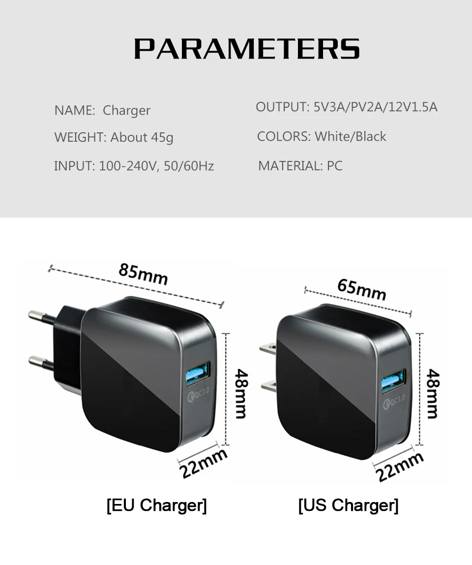 QC3.0, зарядное устройство для мобильного телефона, ЕС, США, адаптер, вилка 5V3A, быстрая зарядка для универсального смартфона, usb, быстрая зарядка, 3,0, для путешествий, настенный