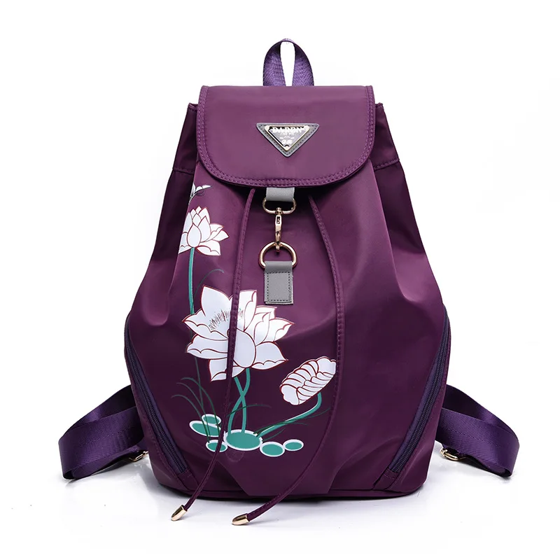 

New Style Lotus Printing Women Nylon Backpacks Fashion Casual All Match Travel Bags Waterproof Drawstring Shoulder Bagbacks