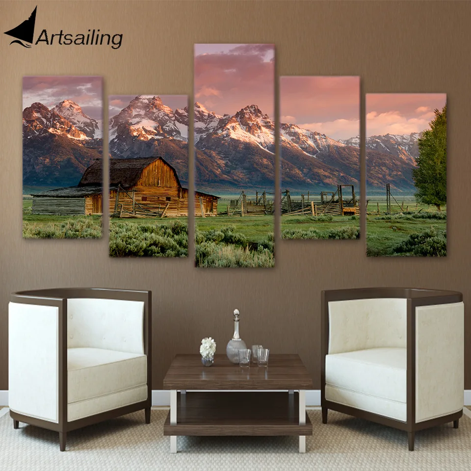 Aliexpress Com Buy Artsailing 5 Panel Painting Wall Art Wall Modern Home Decoration Grassland Log Cabin Iceberg Painting For Living Room Ny 2326