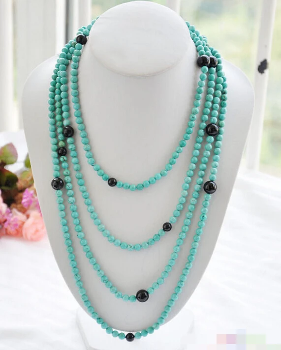 

914 black agate 6mm blue turquoise bead necklace