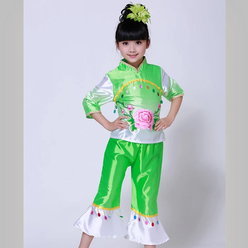 Chinese Folk Dance Custome Children's Waist Drum Dance Wear Yangko Dance Custome Classical Fan Show Girls National Dance Clothes