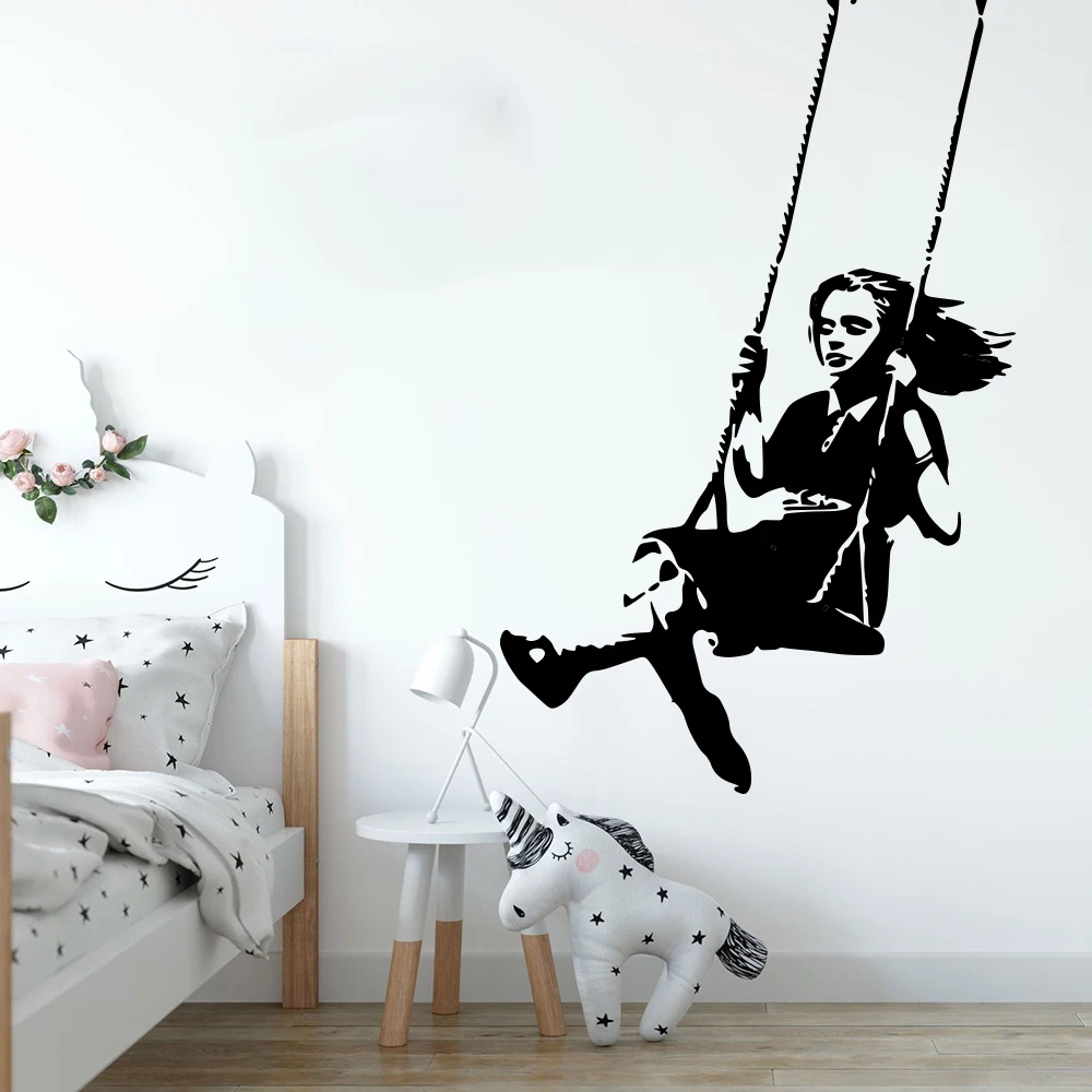 Large Banksy Swinging Girl Wall Sticker Nursery Kids Room Graffitti Street Culture Banksy Wall Decal Bedroom Vinyl Decor (1)
