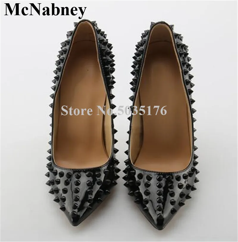 

2019 European Fashion Newest Solid Black Rivet Pointed Toe Pumps Slip-On Shallow High Heel Stiletto Heel Pumps Dress Women Shoes