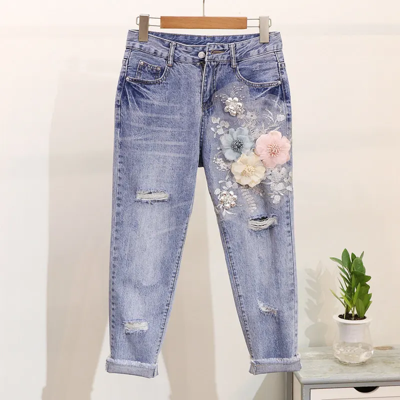 LUOSHA, женские джинсы, весна-лето, с объемной цветочной вышивкой, рваные, джинсовые штаны, женские, стильные, до щиколотки, джинсы
