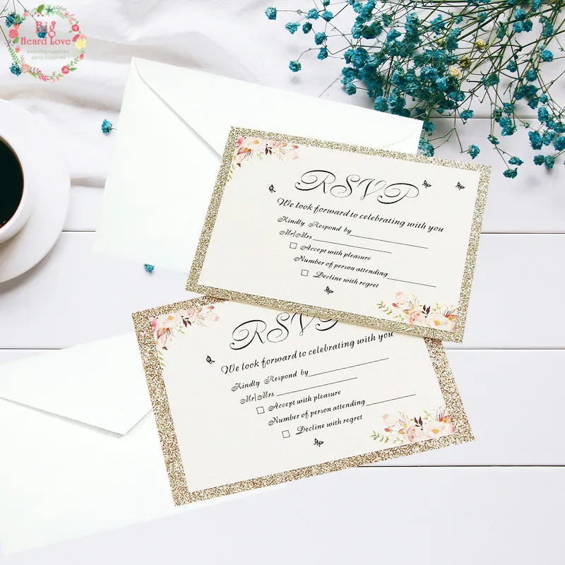 

10sets Glitte Paper Invitation Card Flower Inlaid Edge Champagne And Rose Gold Color RSVP Card For Guest With White Envelope