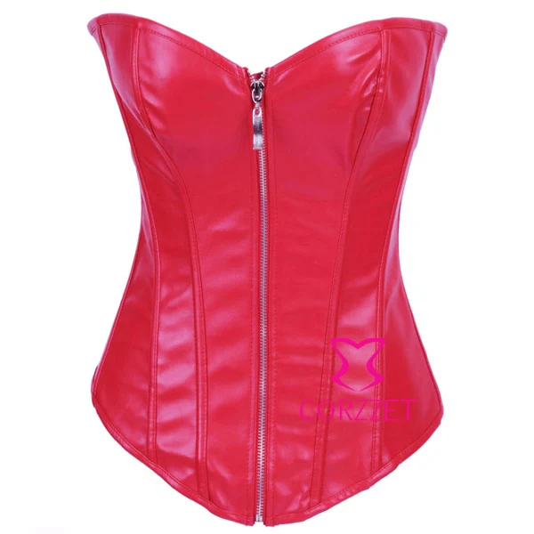 New 2014 Front Zipper Overbust Red Leather Corset Top Women Bustier ...
