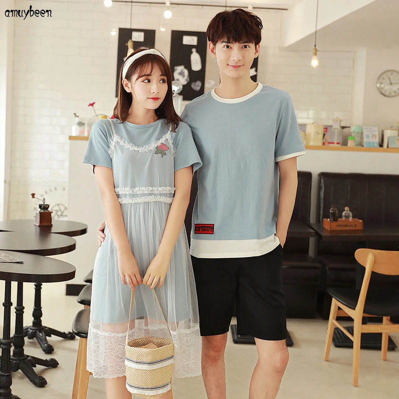 

Matching Couple Clothes T Shirts Dress Women Summer 2018 Valentine's Day Lovers Honeymoon Wear Tshirts Cotton Lace Tulle Dresses