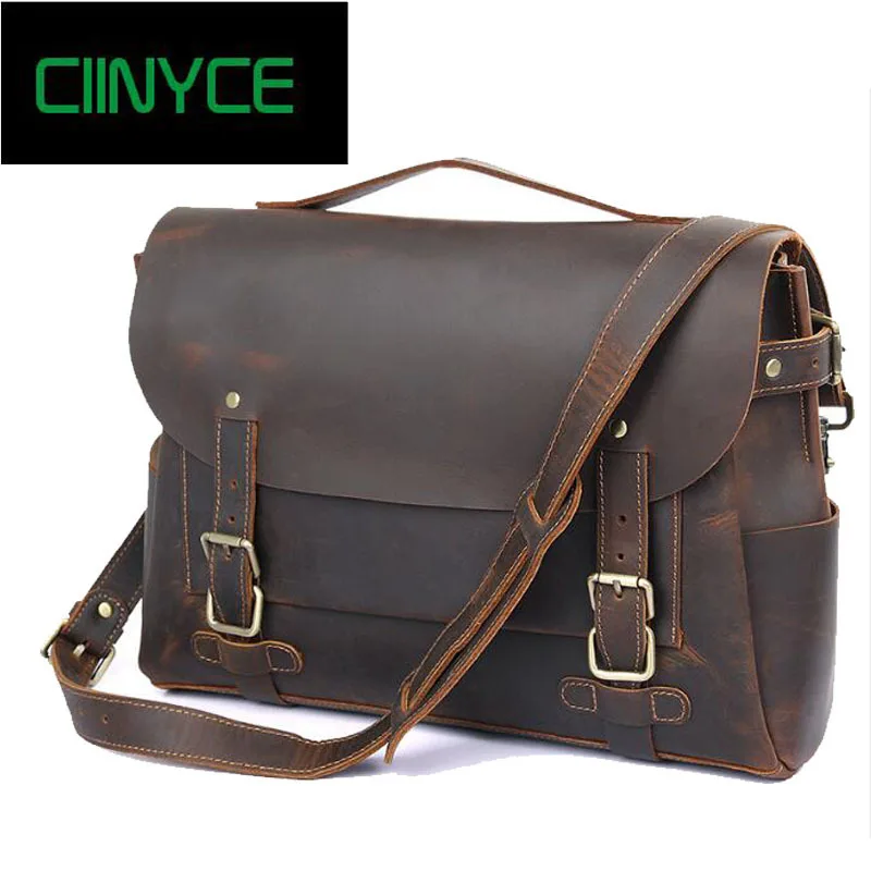 

100% Genuine Cowhide Men Crazy Horse Leather Handbags Vintage Cow Skin Business Shoulder Laptop Briefcase Totes Messenger Bag