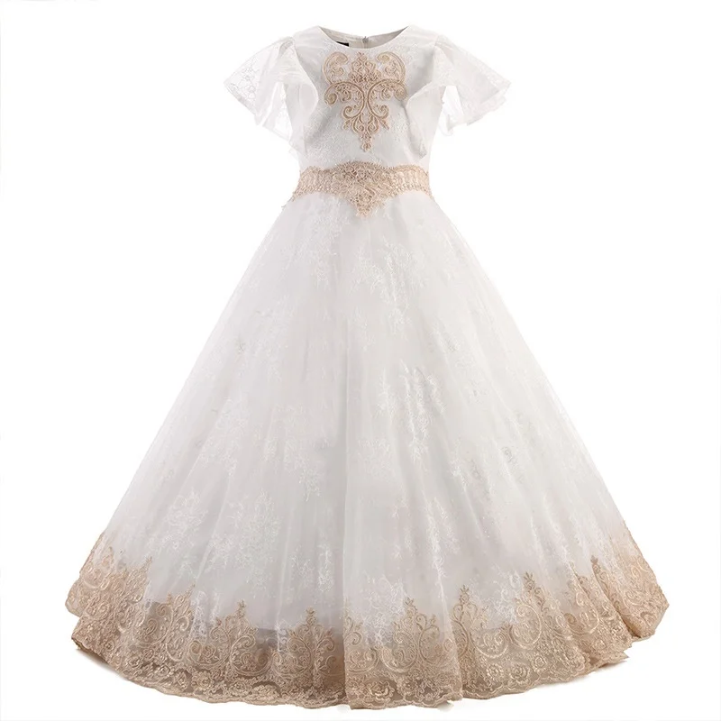 Для девочек в цветочек платья с кружевной аппликацией и коротким рукавом для девочек в цветочек платья для свадьбы платье для первого