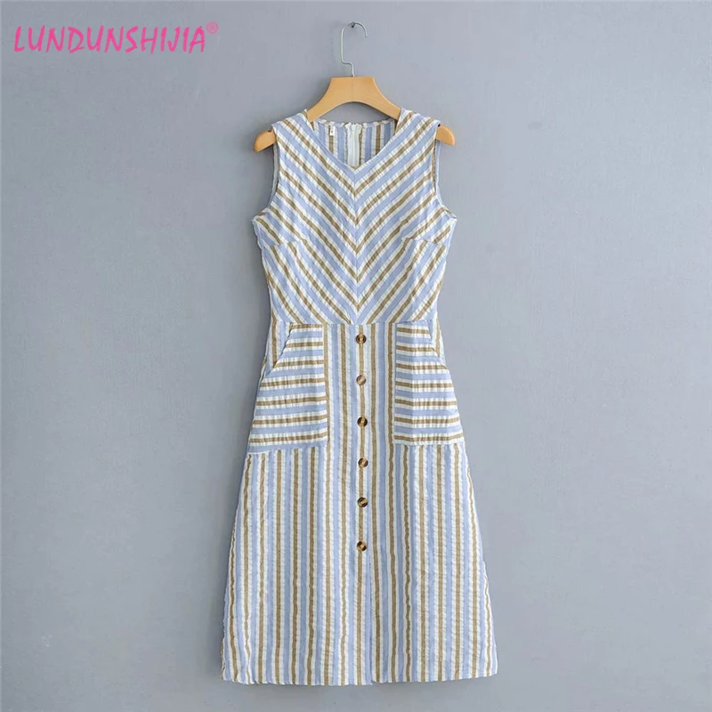 

LUNDUNSHIJIA Summer Dress 2019 New Arrival Women V-neck Stripe Sleeveless A-line Dresses Vestidos
