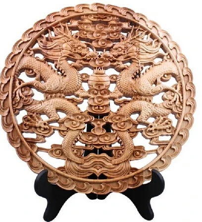 

Copper Brass CHINESE crafts decoration Asian 30cm China handwork carved peach wood two dragon wall plate Sculpture statu