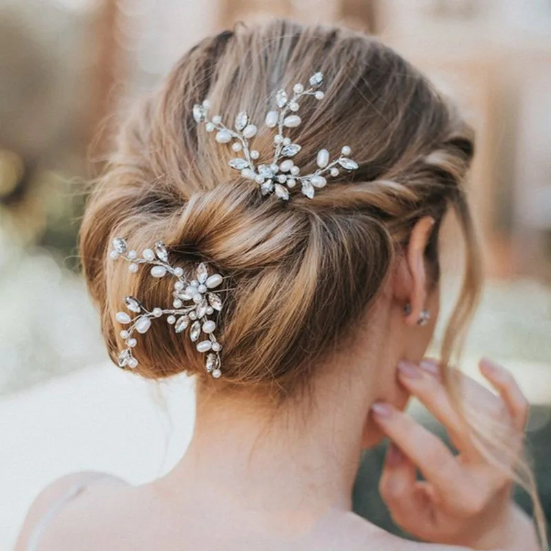 

Elegant Flower Silver Crystal Pearl Bride Hair Pins Clips Wedding Bridal Accessories Rhinestone Hair Vine Ornaments 2pcs