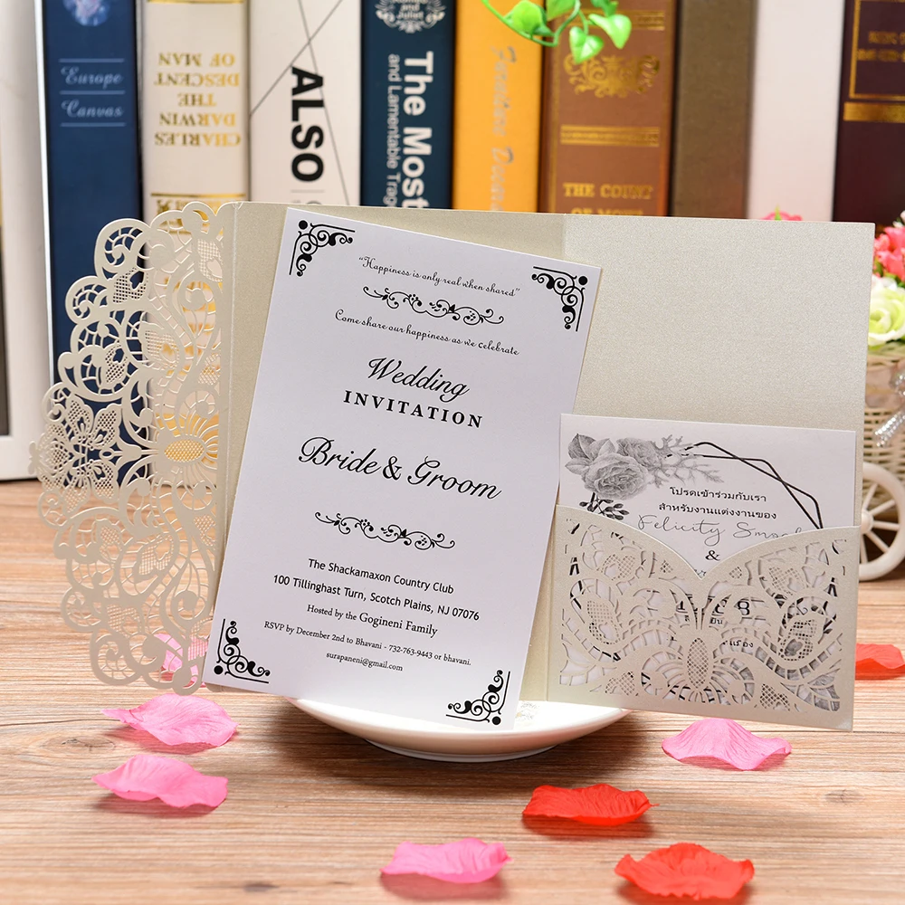  5 Sets Wedding Invitation Cards Laser Cut Floral Design Invites Pocket for Bridal Showers Engagemen - 33054135878