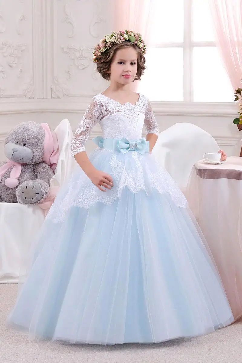 New Arrival 2017 Lace Tulle Flower Girl Dresses Babyblue Skirt With 3/4