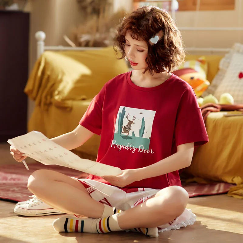 

Summer 2019 pajamas women pyjama set short-sleeved T-shirt+plaid shorts 2 pcs sleepwear lounge wear sports suit loose plus size