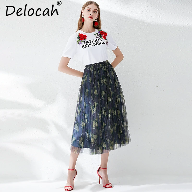 Delocah Новый 2019 Лето Для женщин юбка взлетно-посадочной полосы модельер Mesh Overlay Цветочный принт Высокая Талия Повседневное pleated A-Line Skirt