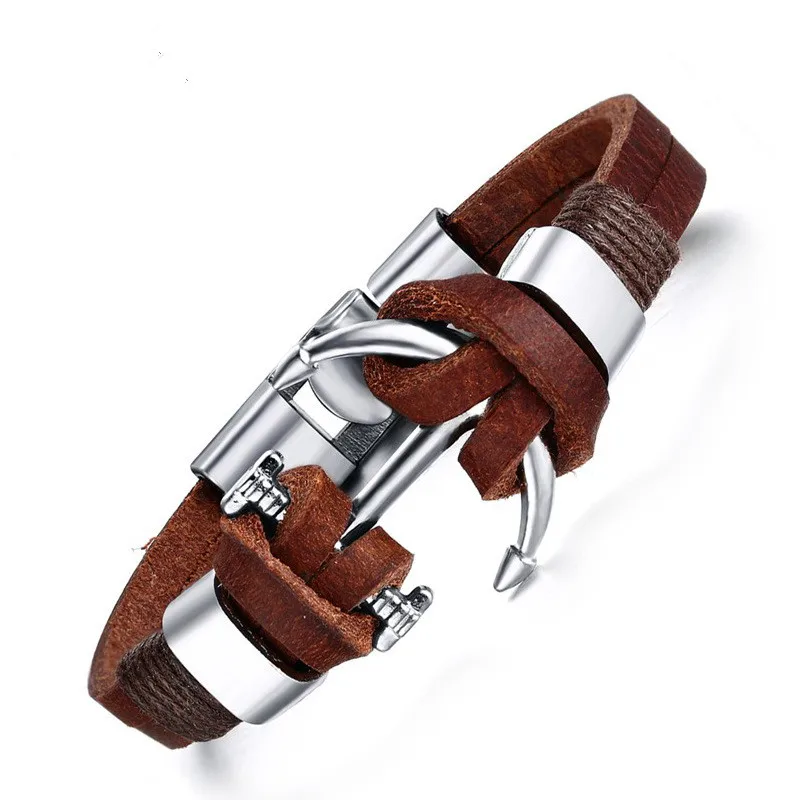 Brown Genuine Leather Bracelets Charm Mens Jewelry Anchor Male