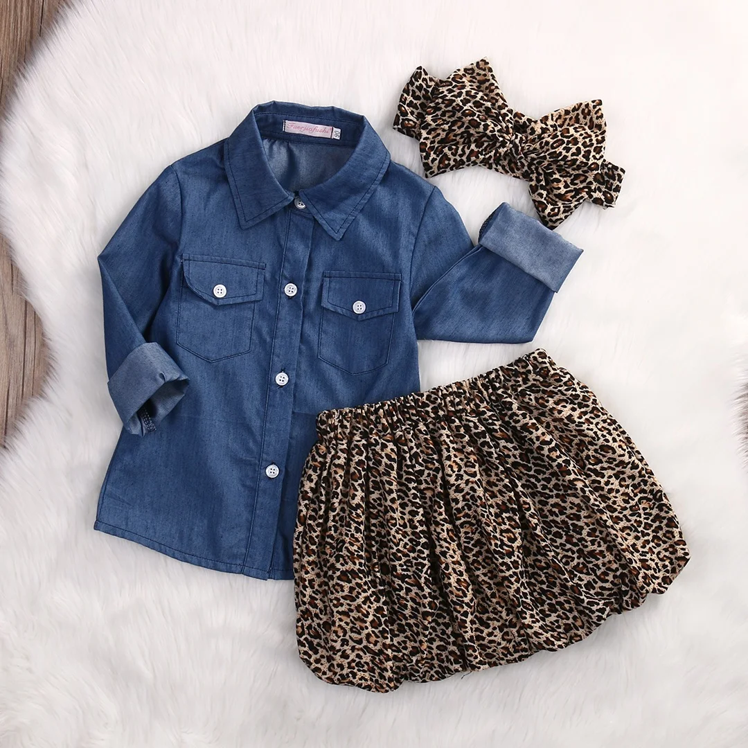 Модная одежда для маленьких девочек; джинсовые топы с длинными рукавами+ леопардовая юбка-брюки; повязка на голову; детская одежда для девочек; комплект из 3 предметов