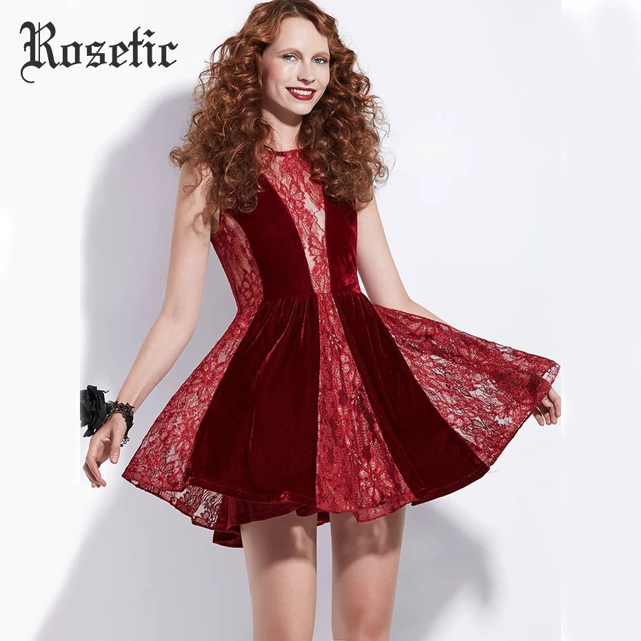 

Rosetic Sexy Lace Patchwork Velour Hollow Out Sleeveless Perspective Summer Women Dresses