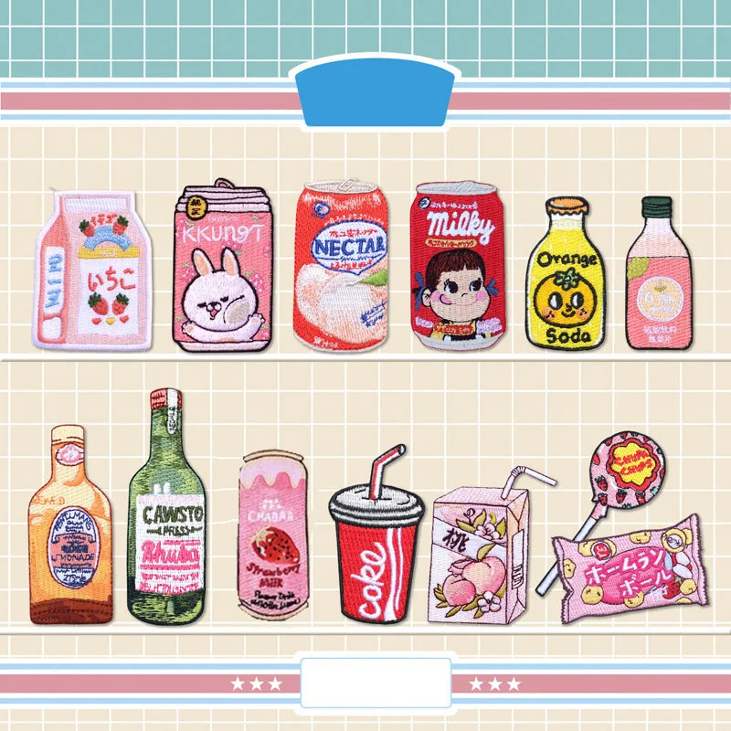 

1pc Cartoon Drinks Candy Sticker Lollipop Embroidery Cloth Paste Clothing Patch DIY Accessories Stick On Cute Patches For Kids