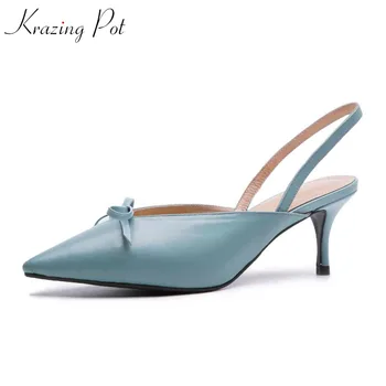

Krazing pot new full grain leather thin high heels elastic band women sandals slingback bowtie decoration party causal mules L26