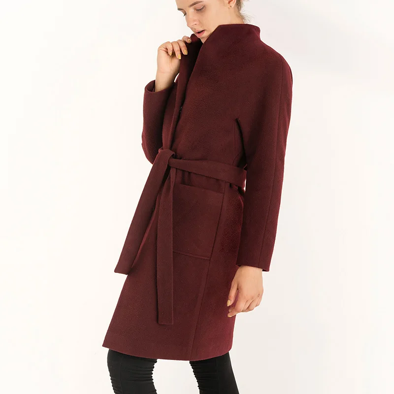 

2018 Autumn Winter Women Vintage Woolen Coat Solid Color Stand collar Long Woolen Jacket Simple Stereo Cutting Cashmere Coat
