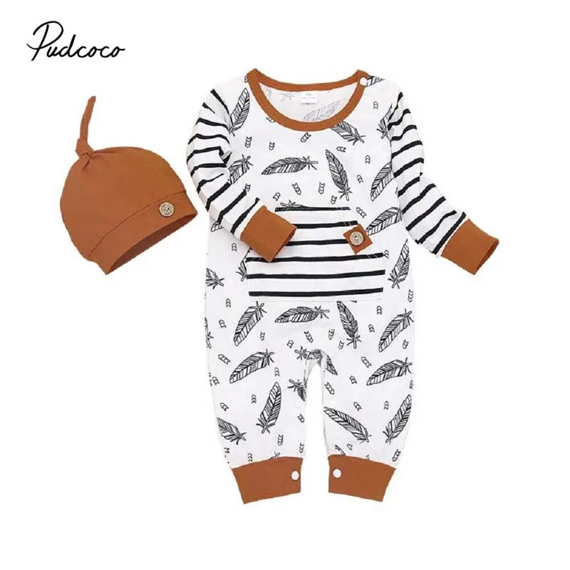

2019 Band Newborn Kid Baby Girl Boy Feather Clothes Romper Jumpsuit Hat Autumn Outfit Casual Cotton Jumpsuit