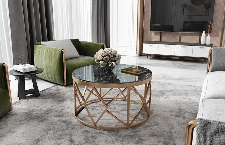80cm Round Marble Coffee Table with Metallic Tones Brushed Steel Frame 80cm Round Marble Coffee Table with Metallic Tones Brushed Steel Frame
