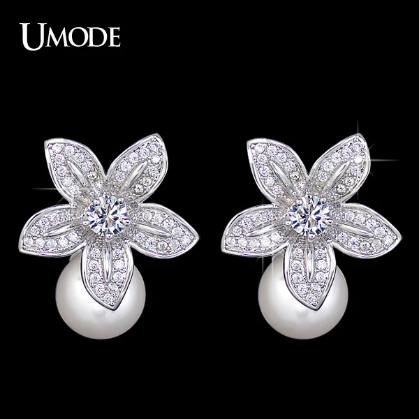 UMODE 2016 High Quality Simulated Pearl With Tiny AAA CZ Cubic Zirconia Flower Earrings Christmas Gift Jewelry UE0134