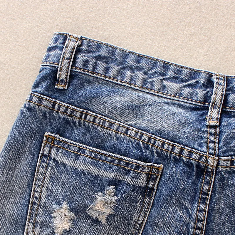 2019 синие женские джинсовые шорты блёстки край волос Лето середины талии джинсы для женщин отверстие промывают 100% хлопок прямые шорты из