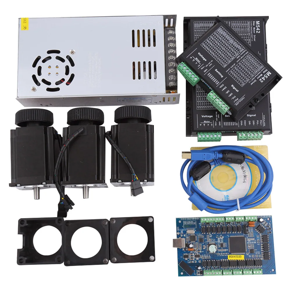 US $373.67 CNC MACH3 USB Kit 3pcs Nema 23 Stepper Motor 57HS76 3A 3pcs M542 Driver Interface BoardPower Supply