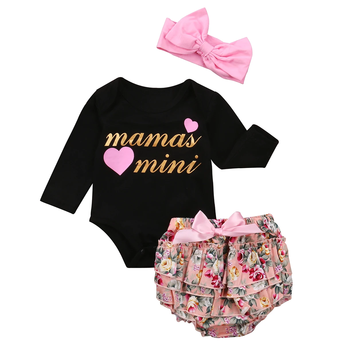Для маленьких девочек одежда с надисью "Mamas Mini" печати боди+ цветочные шаровары+ повязка на голову, летний комплект одежды из 3 предметов