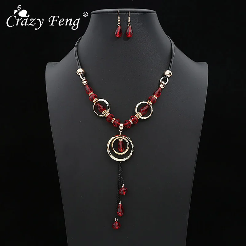 Crazy Feng Luxury Acrylic Beaded Jewelry Set Long Pendant Necklaces Drop Earrings For Women Vintage Dubai Costume Jewerly NE+EA