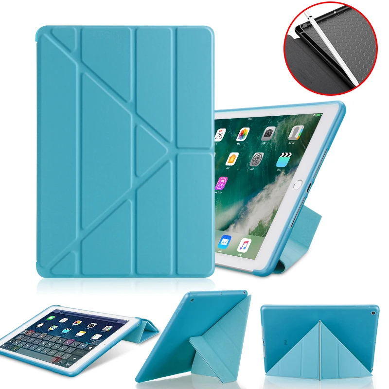 

Smart PU Leather Silicone Case For New iPad 9.7" 2017 2018 With Pencil Holder Multi Fold Stand Cover For iPad 2017 2018 9.7 Case