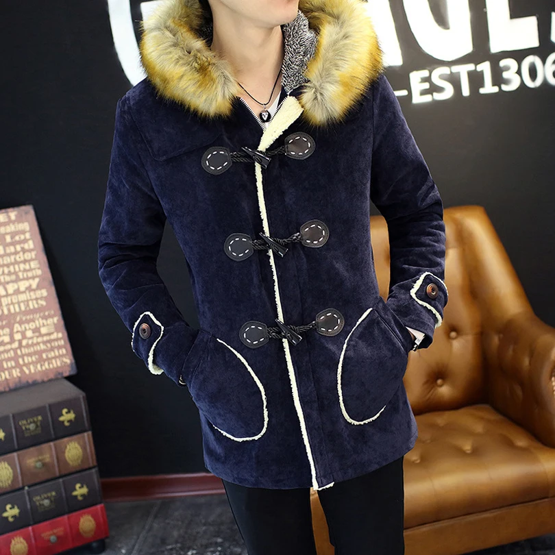 Winter 2016 Warm Plus Velvet Hooded Down Jacket Korean Slim Fur Collar Stylish Mens Jackets and