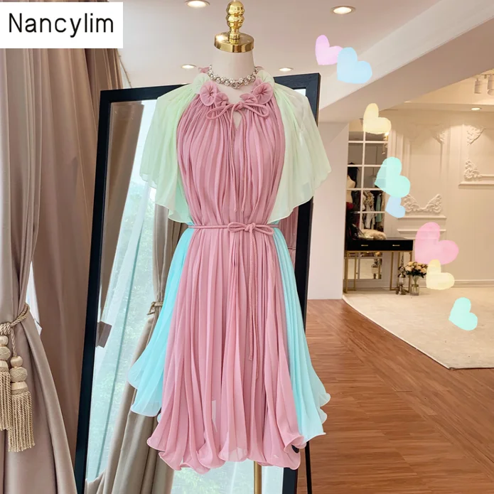 

New Summer Loose Rainbow Dress Women's Holiday Bohemian Beach Dress Girls Lady Pleated Dresses Party Vestidos Femme Nancylim