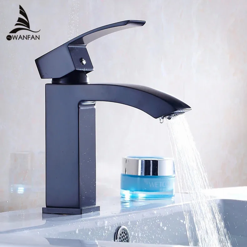 

Basin Faucets Brass Black Waterfall Bathroom Sink Faucet Big Square Spout Single Handle Contemporary Deck Mixer Water Tap 8068R